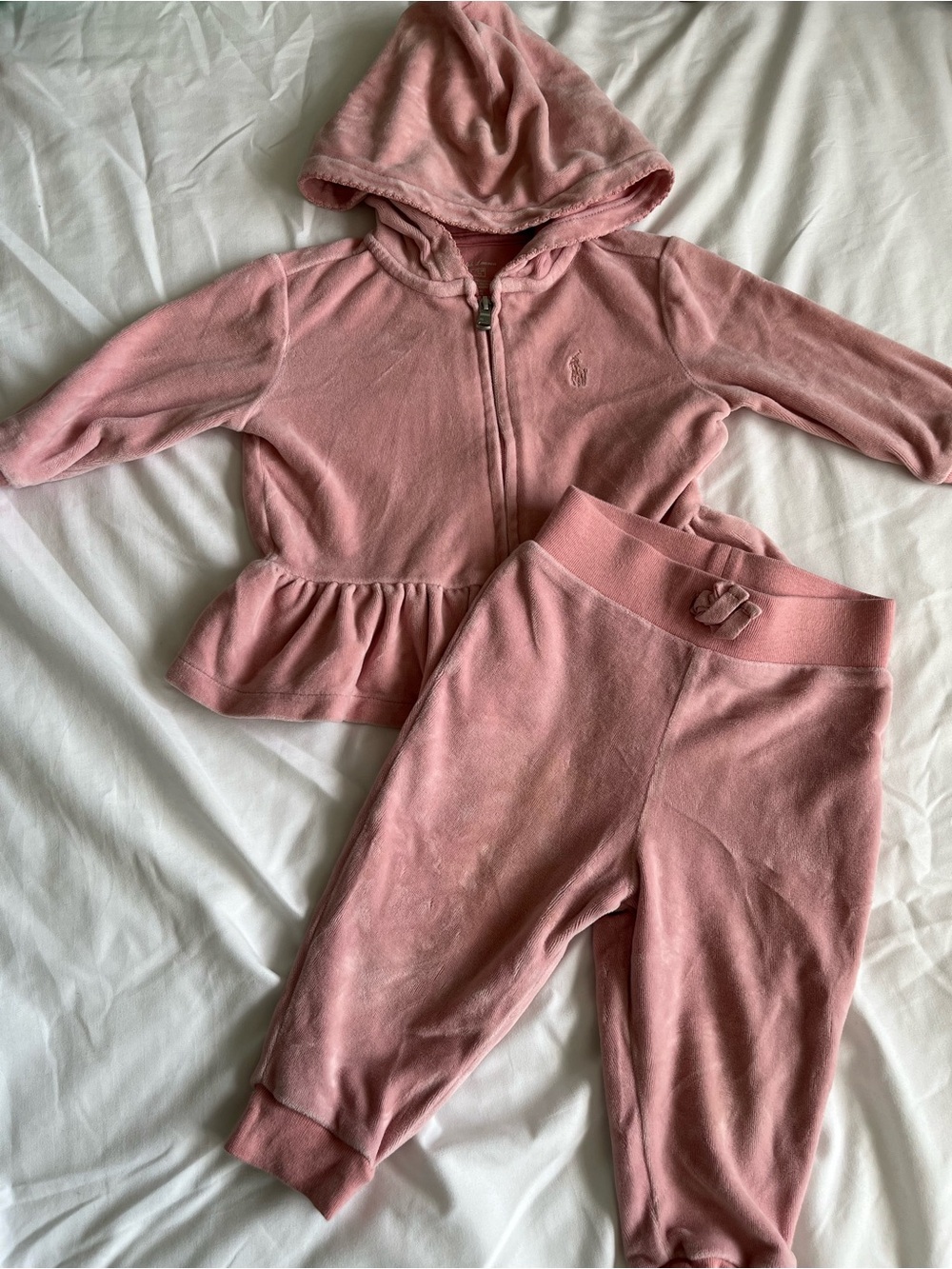 Ralph Lauren Pink Hooded Peplum Velour Jogger Set - Girls